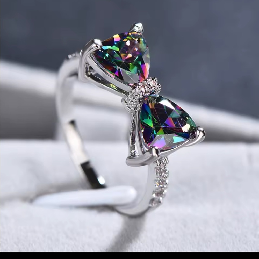 Elegant Silver Bow Ring with Multicolor Gemstones